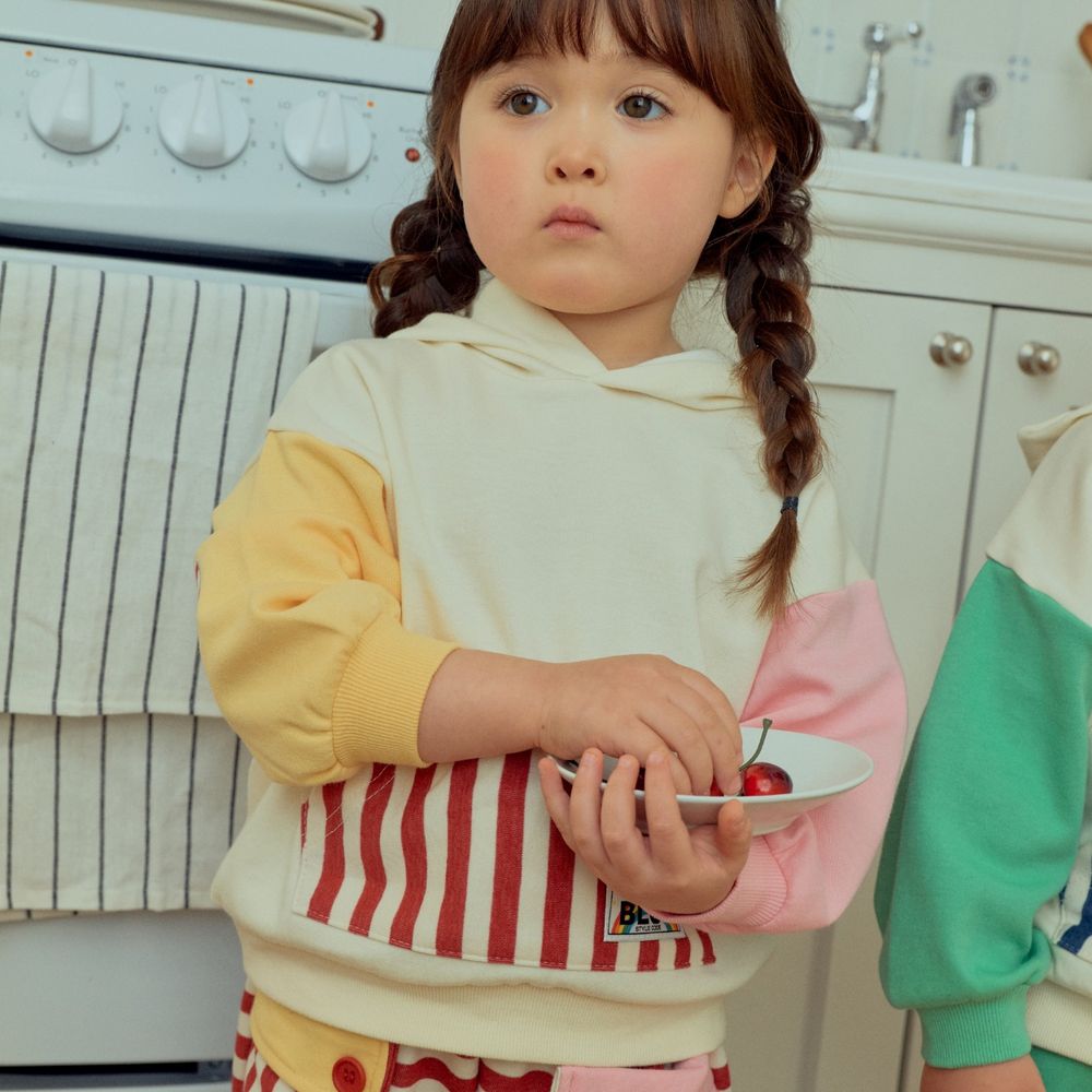 First Blue 愛心袖章條紋口袋連帽上衣-紅條紋