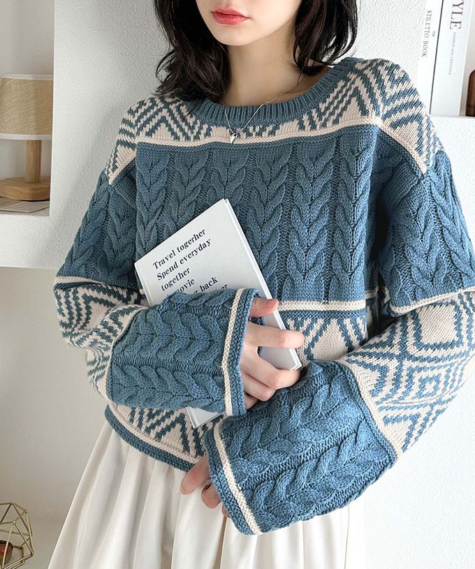 日本 Classical Elf - mily bilet 復古風北歐圖騰2way針織毛衣-藍