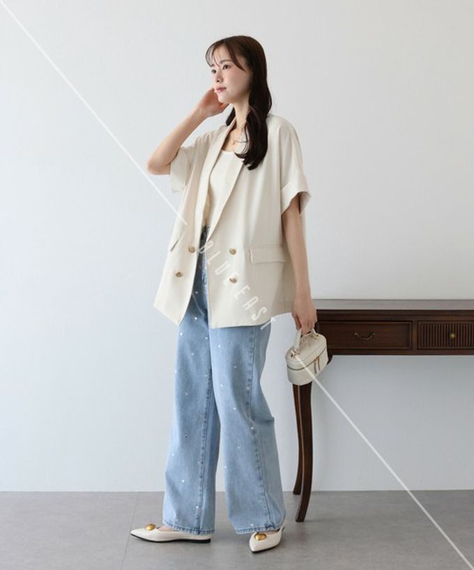 日本 BLUE EAST - 亞麻感氣質金釦短袖西裝外套-卡其杏