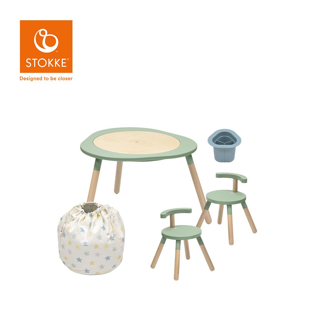 Stokke - 挪威 MuTable V2 多功能遊戲桌經典組 (一桌二椅+玩具收納袋-雲朵飄飄+筆筒-藍)-三葉草綠