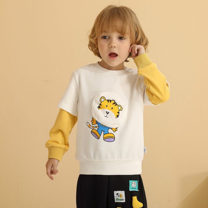 圓領假兩件長袖上衣-老虎印花-橘+黑色