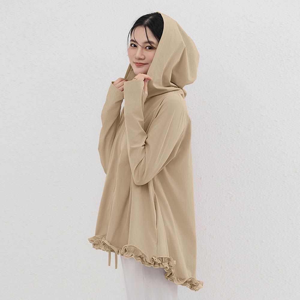 設計感前短後長連帽防曬外套-荷葉邊-淺卡其