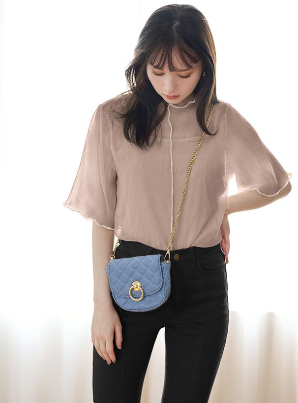 日本 GRL - 復古木耳滾邊透膚短袖上衣(附內裡)-奶油杏