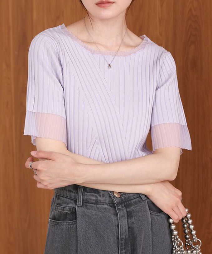 日本 Bab - 柔美異材質顯瘦羅紋五分袖上衣-炭灰