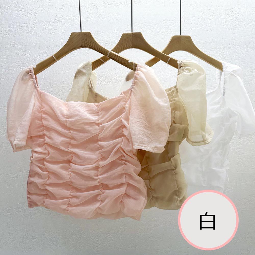 韓國女裝連線 - 甜美抓皺公主袖襯衫-白 (FREE)