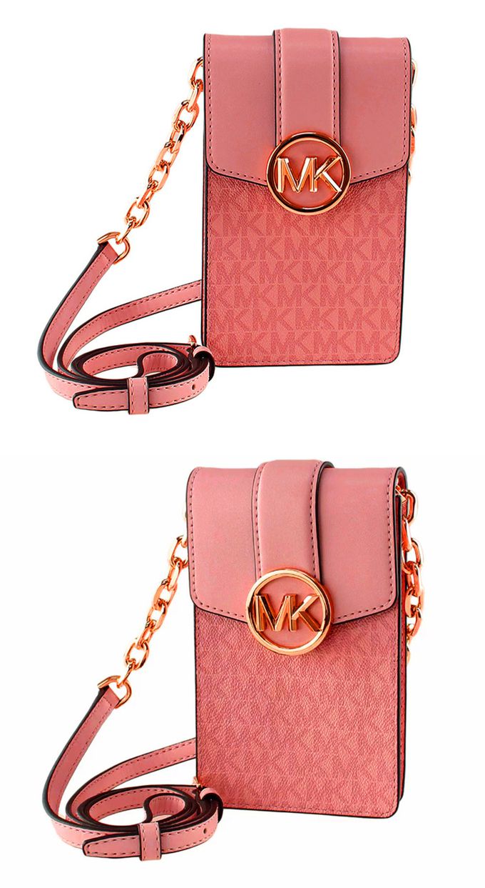 MICHAEL KORS - 滿版LOGO皮革手機斜背包-珊瑚色