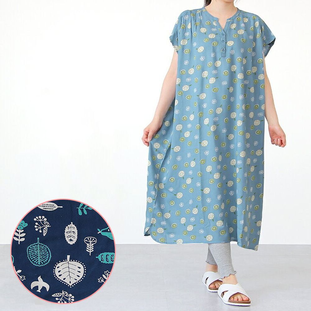 日本涼感服飾 - COOL 涼感柔軟舒適家居短袖洋裝/睡衣-北歐森林-深藍 (M-L Free)