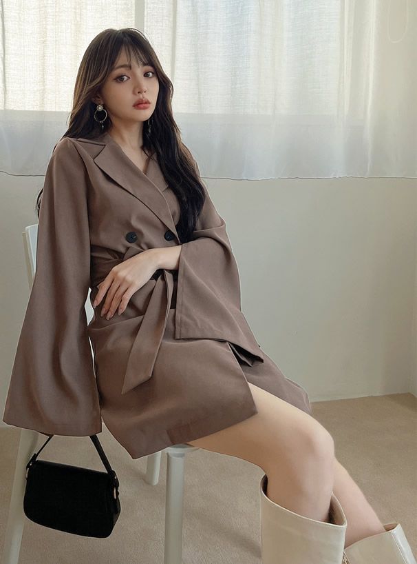 日本 GRL - 英倫風翻領綁帶短版風衣外套-深可可