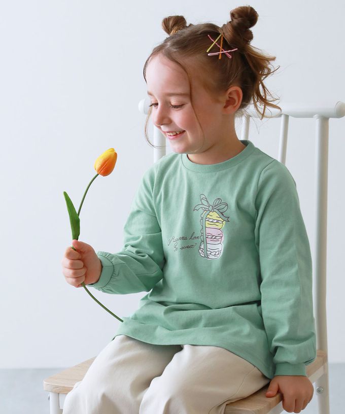 日本 devirock - 100%棉 女孩印花微長版上衣-馬卡龍-灰白