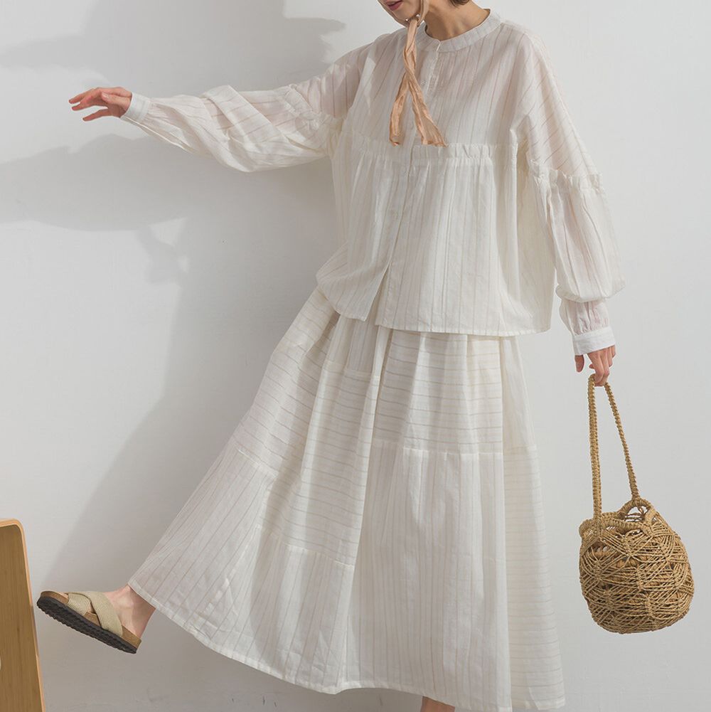 印度棉 交錯線條唯美緹花長裙-白