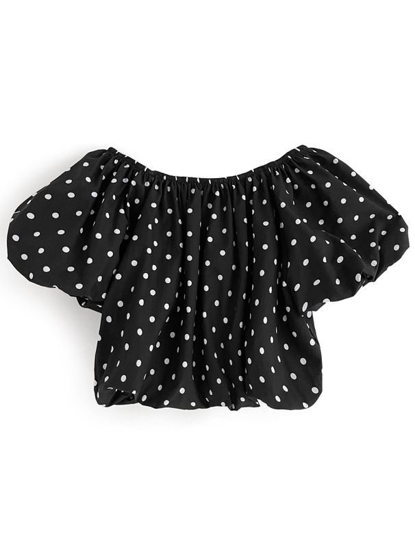 日本 GRL - 可愛泡泡袖點點短版上衣-淺米杏 (M)