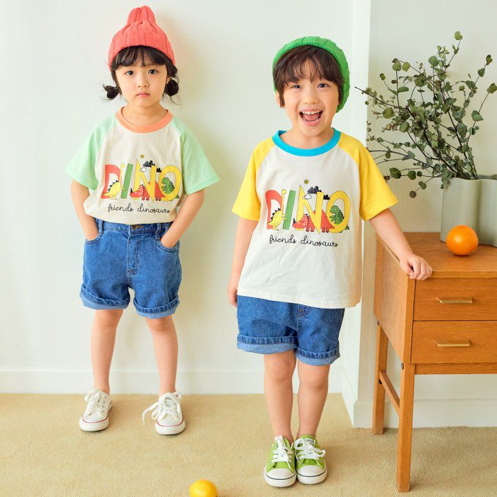 韓國 Hanab - DINO王國拼接色純棉T-黃
