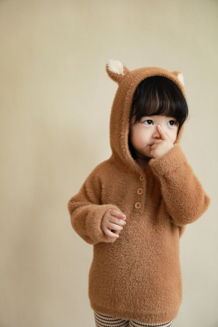 加厚連帽兒童造型上衣-熊耳朵-咖啡色