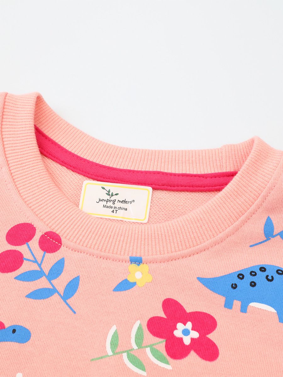 Jumping meters - 棉質圓領長袖上衣/大學T-花花恐龍-粉色