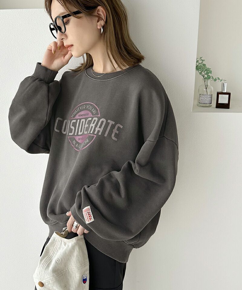 日本 Classical Elf - 水洗復古感印花寬鬆大學T-灰藍