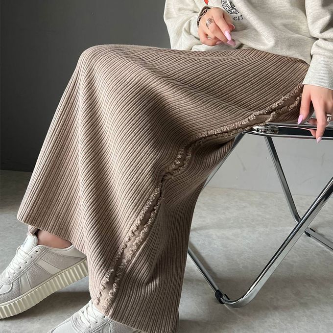 日本 Classical Elf - mily bilet 羅紋修身側流蘇針織長裙-象牙米