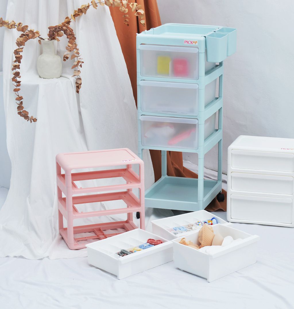 PICKup - 三層內衣/襪子分格抽屜收納櫃(2低1高抽)-DIY-粉紅