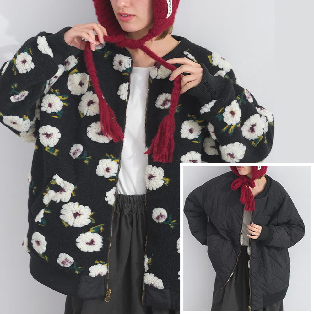 [人氣款]鮮明印象毛絨雙面保暖夾克外套-花朵-黑