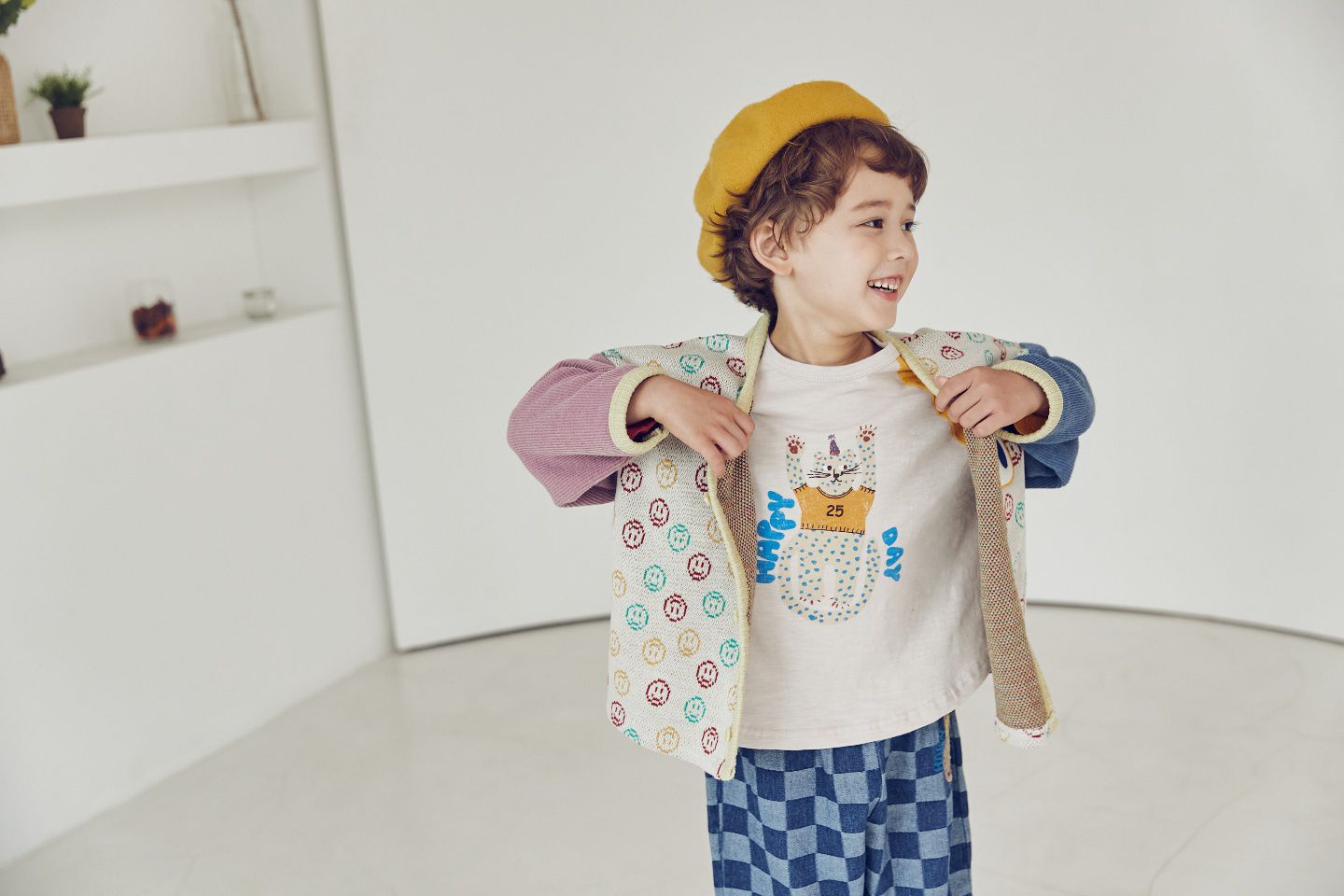 韓國 Mimico - 滿版笑臉狗狗刺繡針織外套-紫X深藍