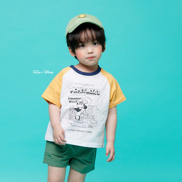 韓國 Hanab - 正版迪士尼-卡通米奇拼接色T-黃