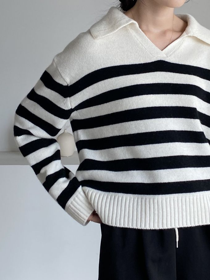 韓國女裝連線 - 精選美麗諾羊毛翻領上衣-米白底X黑條紋 (FREE)