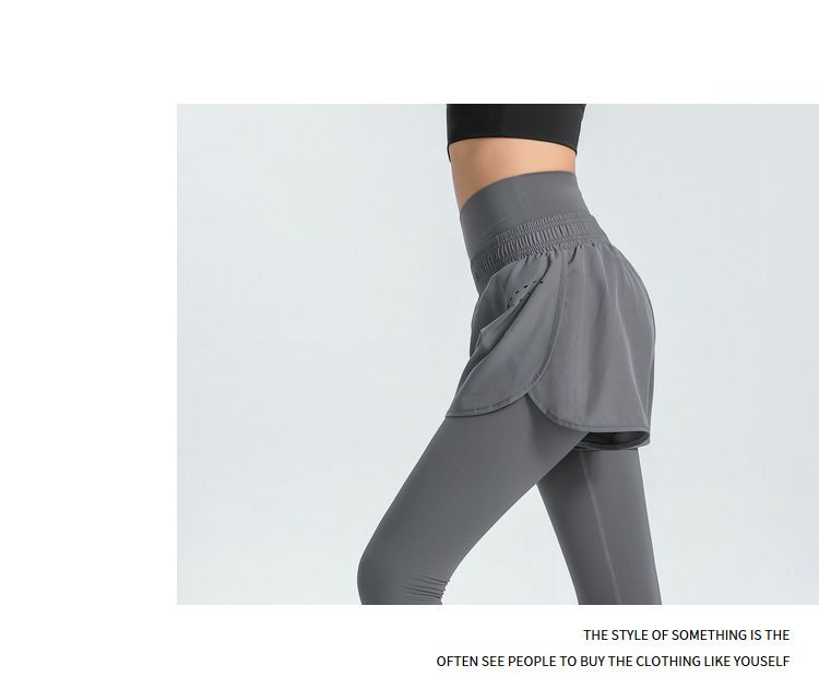 大碼高腰收腹假兩件防走光瑜珈褲-黑色