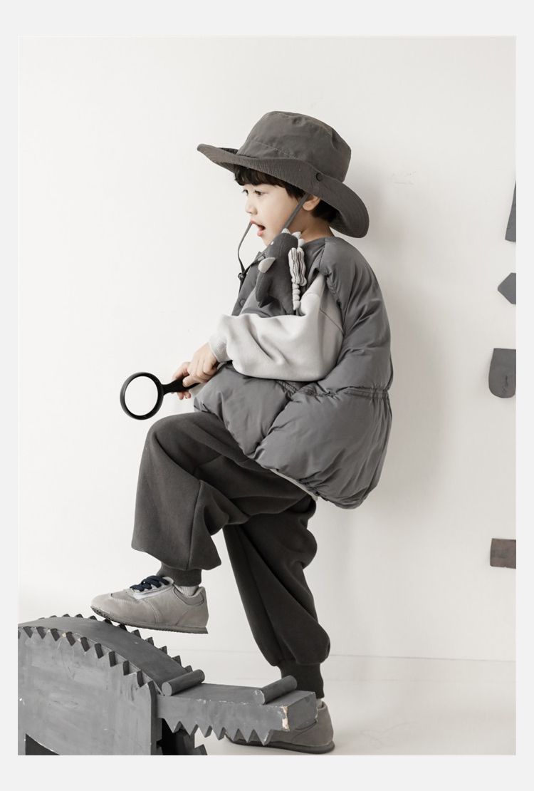 TONGMO - (加絨)腰鬆緊休閒束口長褲-描邊恐龍-深灰色