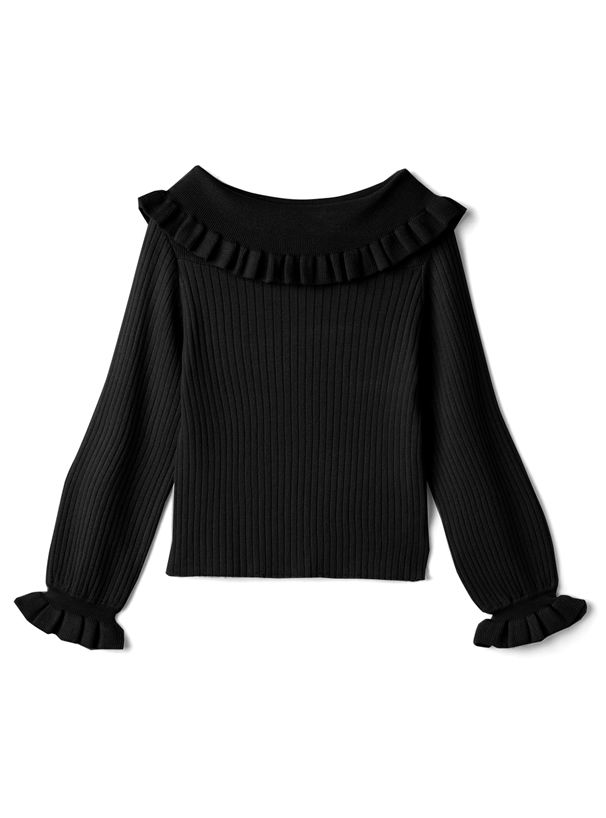 日本 GRL - 小荷葉邊一字領針織長袖上衣-黑