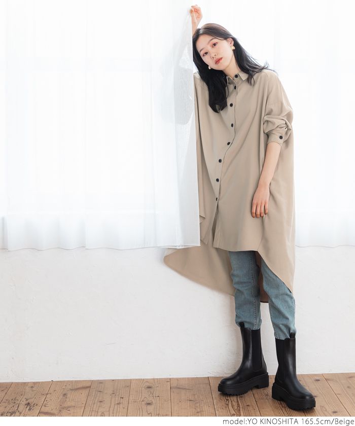 日本 COCA - 修身前短後長長版襯衫外套/洋裝-深灰