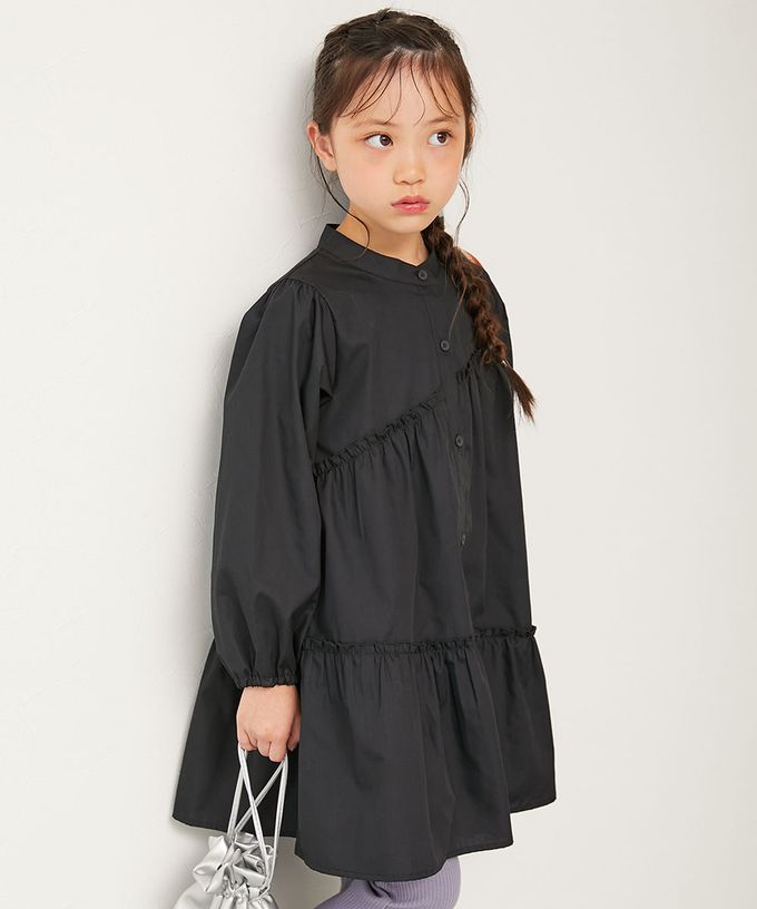 日本 devirock - 甜美荷葉邊襯衫長袖洋裝-黑