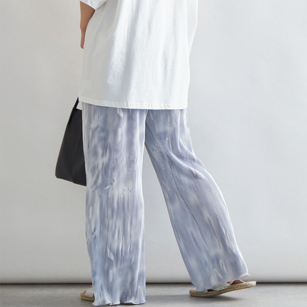 日本女裝代購 - 水波染風琴褶彈性寬褲-灰藍系 (M(Free size))