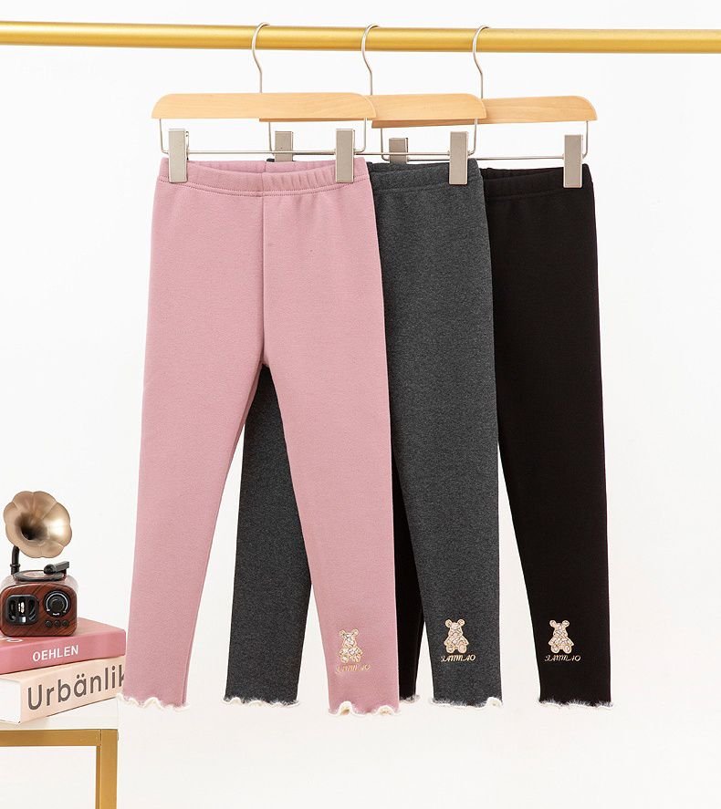 FANMOU - 加絨腰鬆緊保暖內搭褲-可愛熊熊-粉紅色