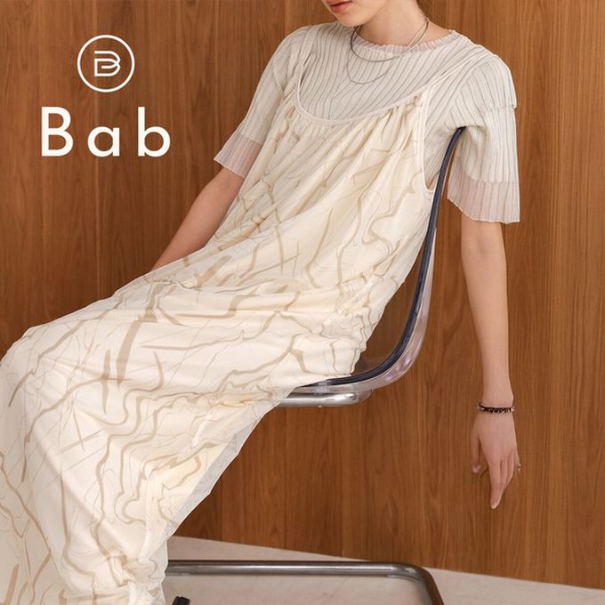 日本 Bab - 大理石印花雙層薄紗細肩帶洋裝-象牙白 (Ｍ)