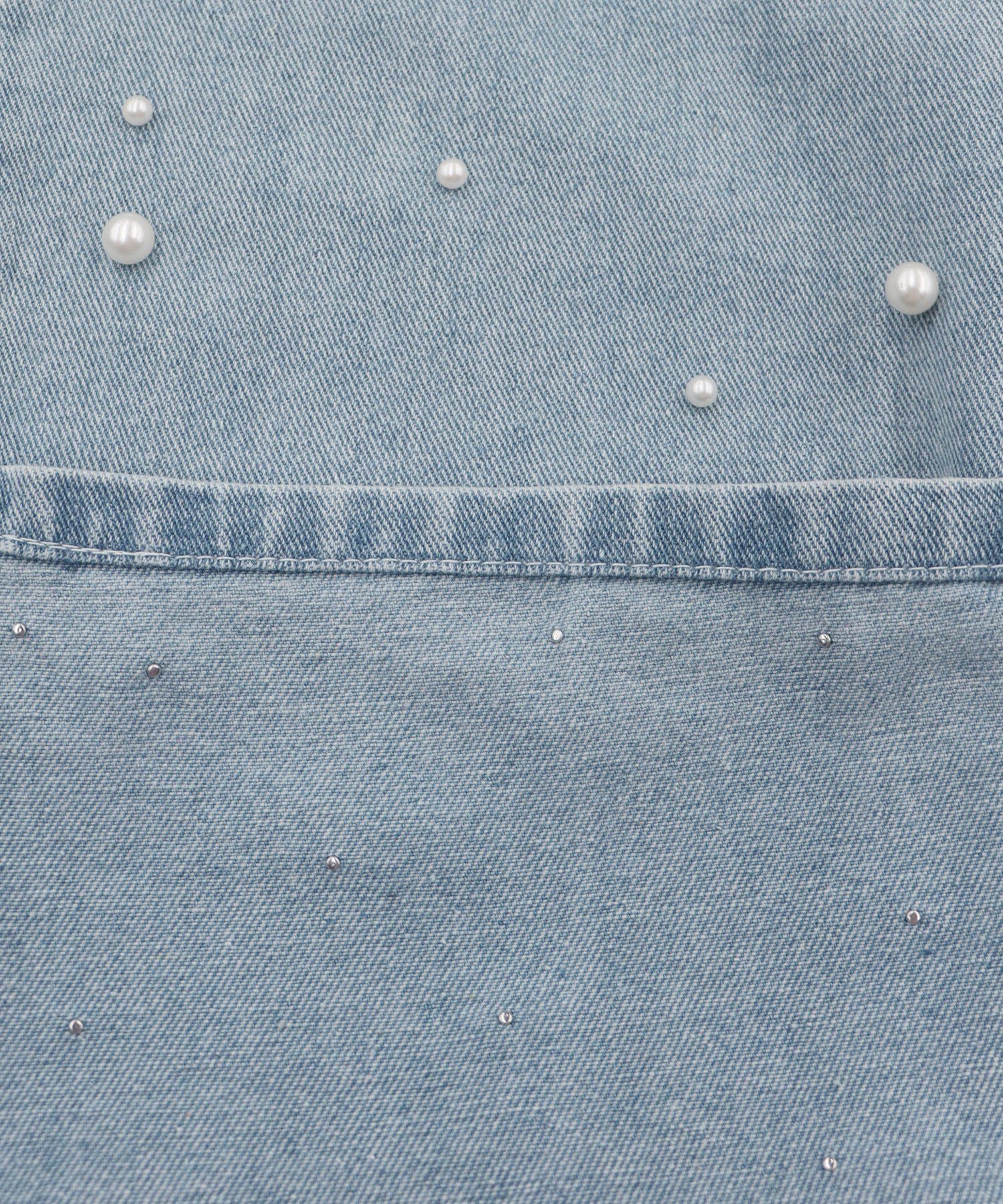 日本 BLUE EAST - 熱銷款 時尚珍珠點綴牛仔褲-B款-靛藍