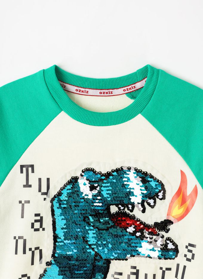 韓國 OZKIZ - 閃亮變色長袖大學T-噴火恐龍