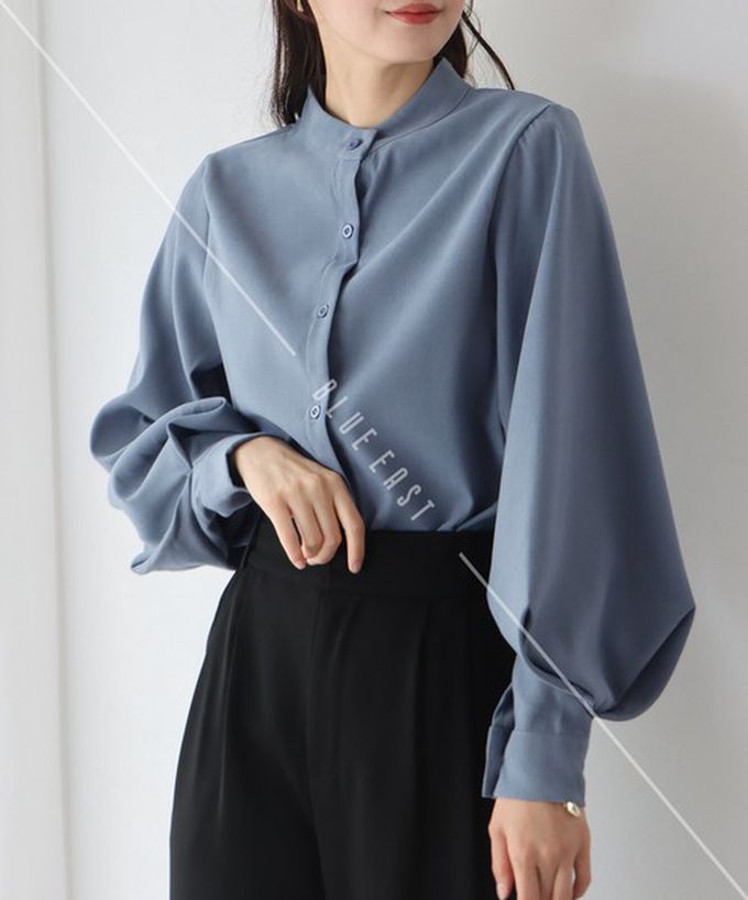 日本 BLUE EAST - 知性小立領澎澎氣球袖襯衫-奶茶