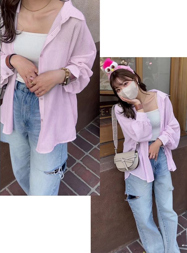 日本 GRL - 經典條紋長袖襯衫/薄外套-淺粉 (F)