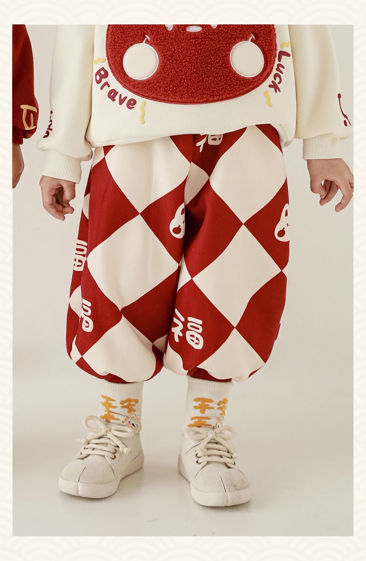 TONGMO - (加絨)喜氣腰鬆緊束口長褲-菱紋福氣兔兔-紅+杏