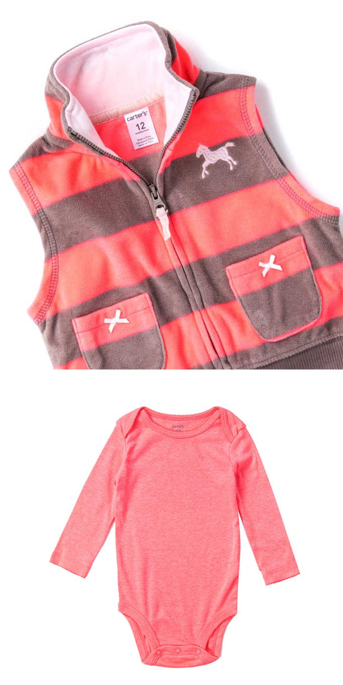 美國 Carter's - 小馬刺繡條紋刷毛背心+長袖包屁衣+長褲3件組