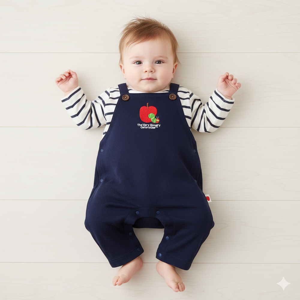 長袖吊帶褲風兔裝-好餓的毛毛蟲-深藍色