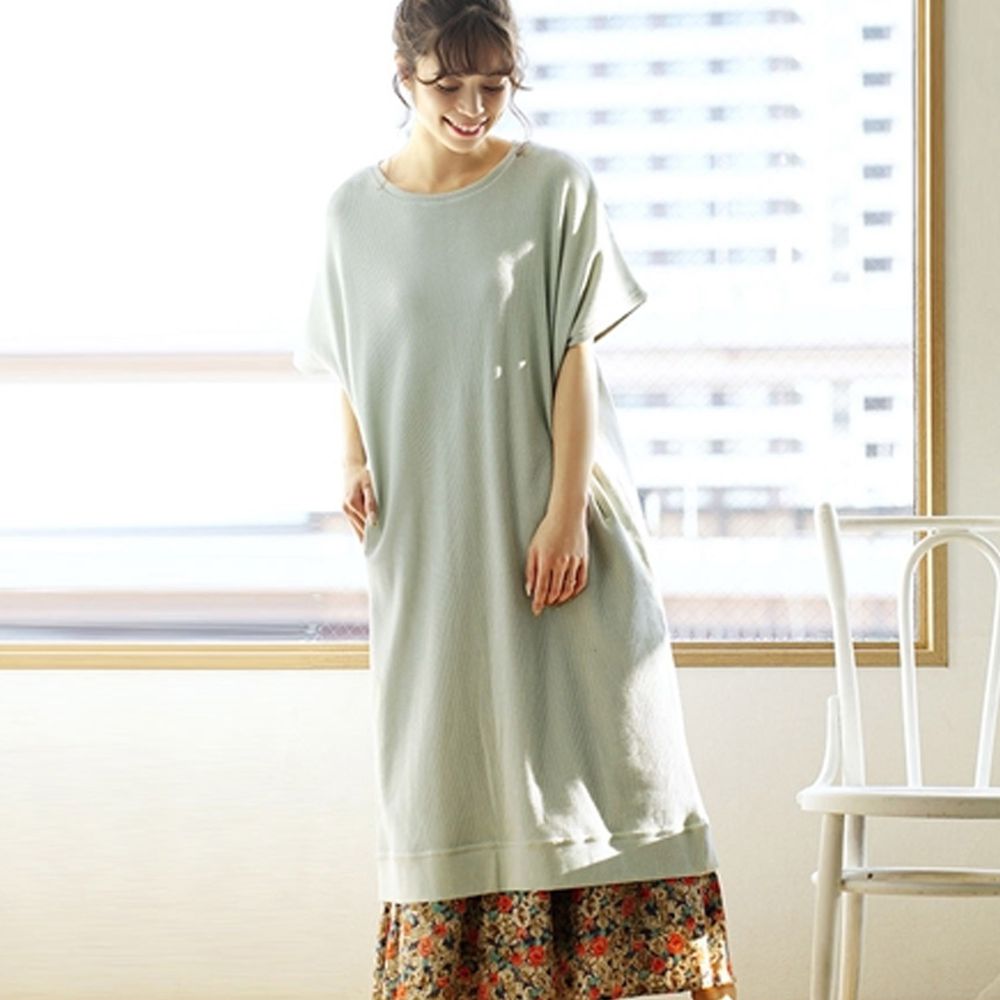 日本 zootie - 純棉 顯瘦鬆餅紋五分袖洋裝-薄荷