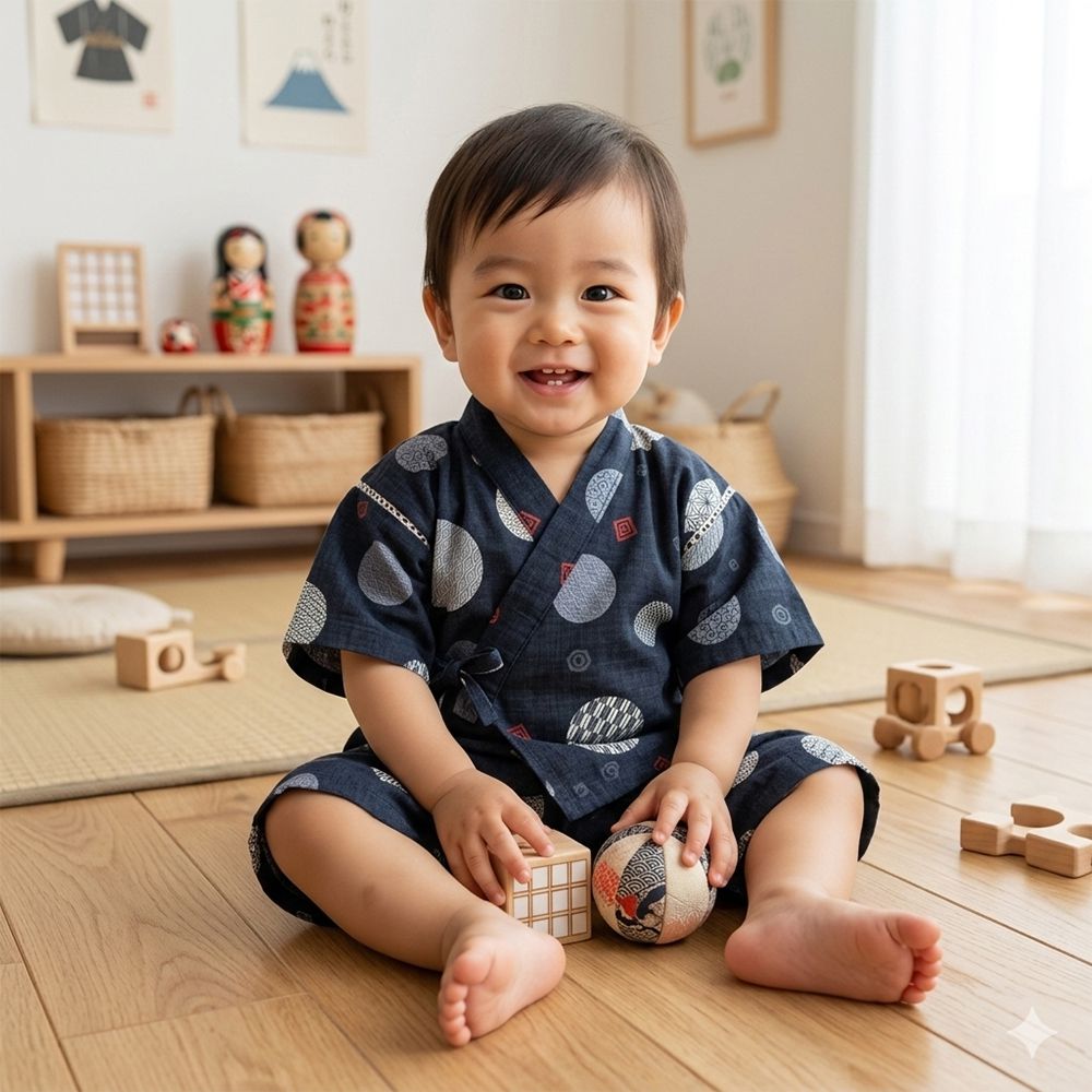 兒童兩件式甚平-圓形和風圖案-黑色