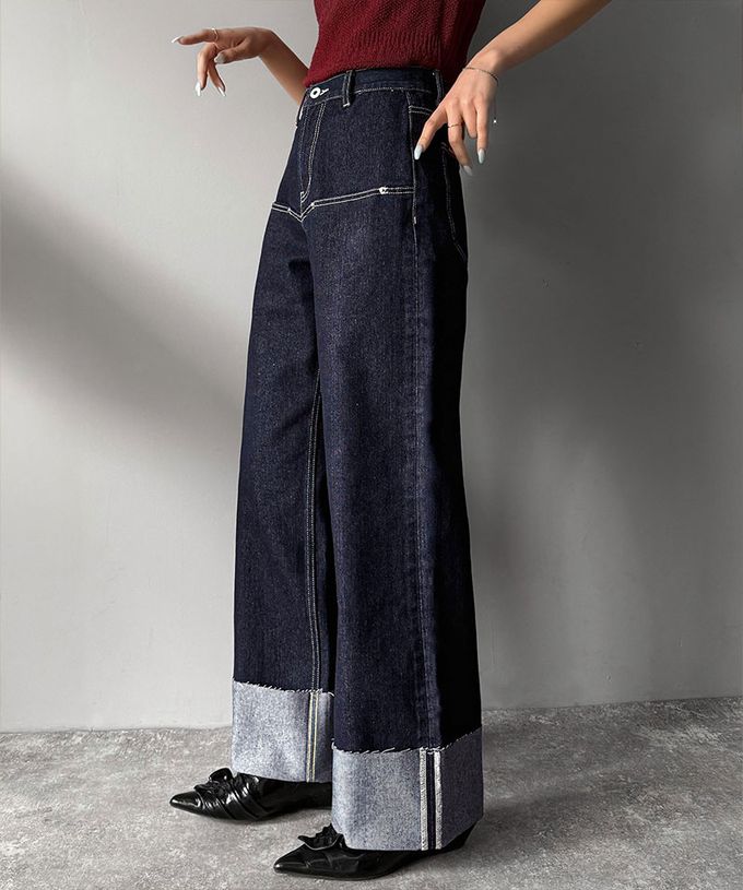 日本 Classical Elf - Java 時尚大反摺修身丹寧寬褲-灰黑