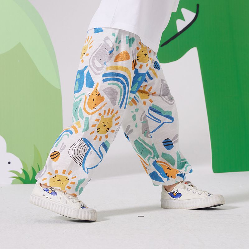 純棉束口長褲/防蚊褲-動物世界-白色