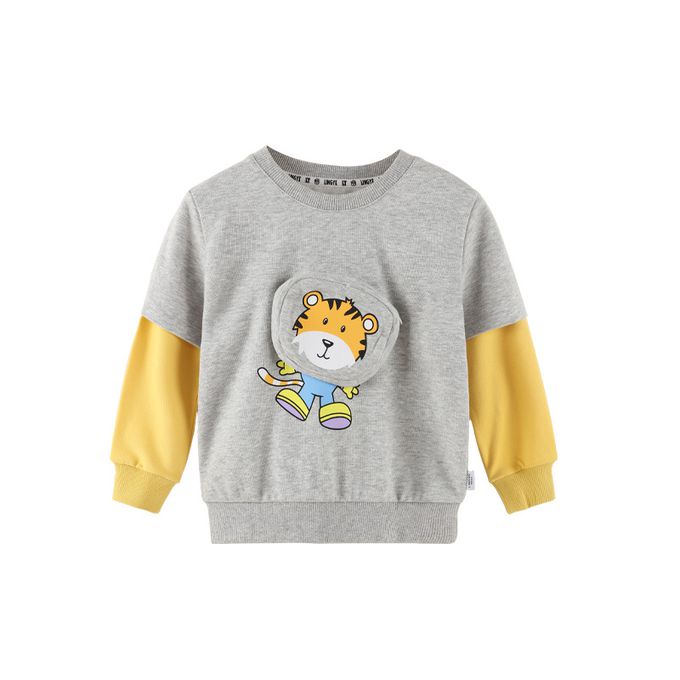 圓領假兩件長袖上衣-老虎印花-橘+黑色