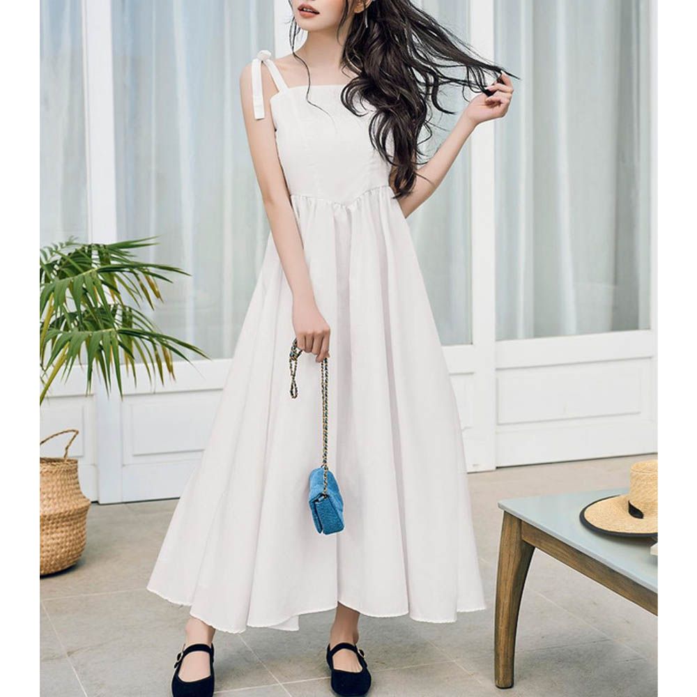 肩綁帶高腰甜美細肩帶洋裝-白