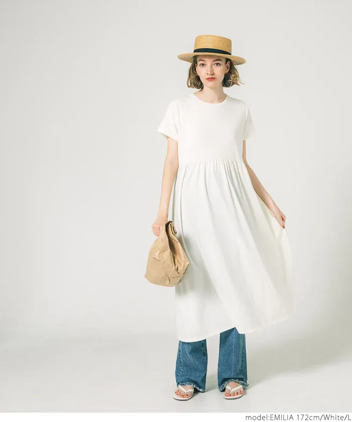 日本 COCA - 簡約百搭短袖收腰洋裝-白