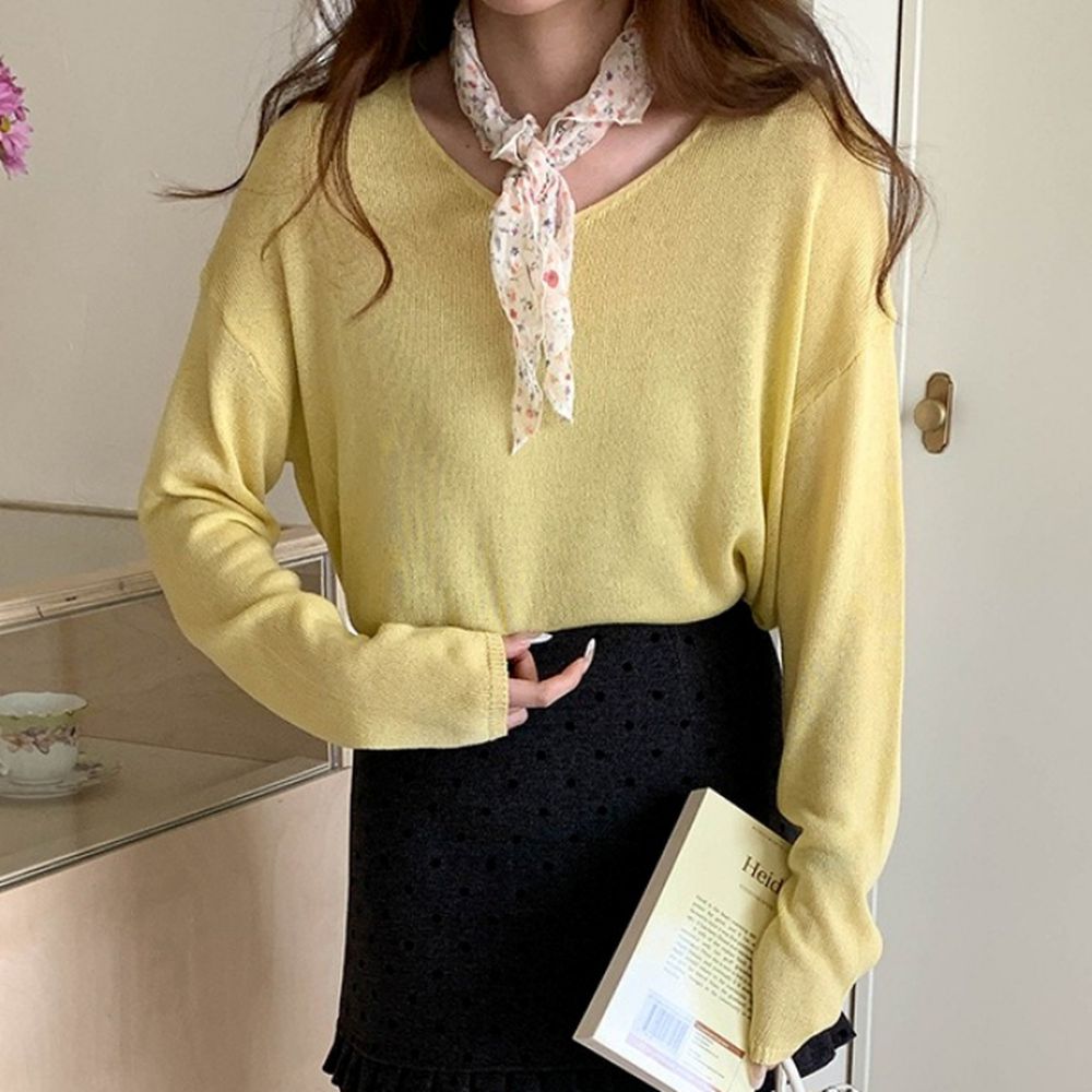 慵懶微寬鬆天絲亞麻長袖針織上衣-黃 (F)