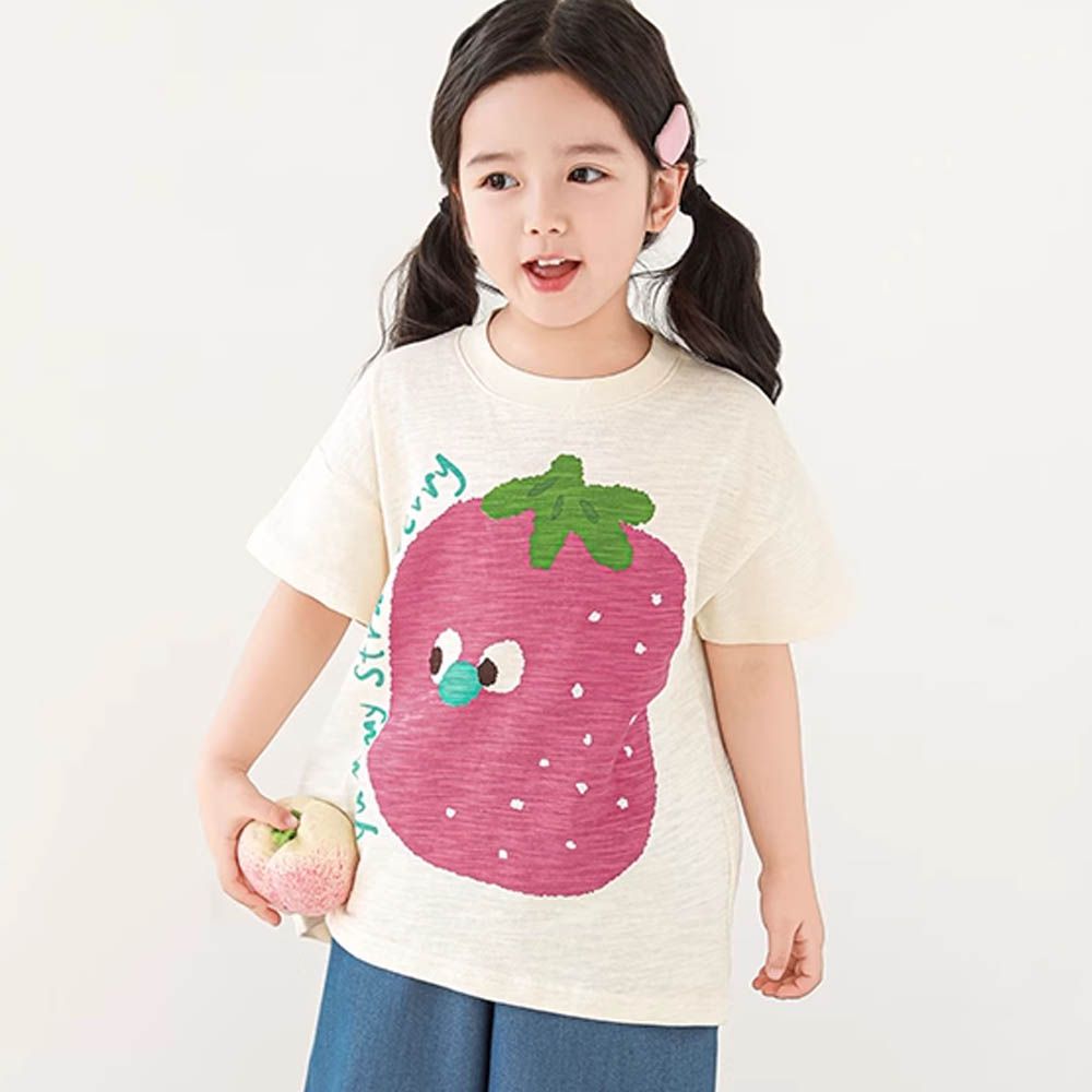 純棉透氣短袖上衣-草莓-米色