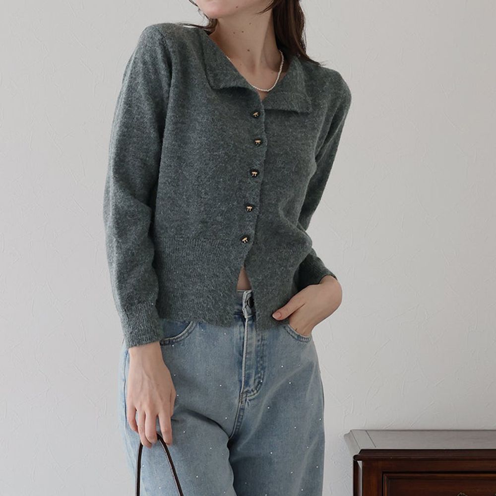 愛心蝴蝶結扣成熟甜美針織開襟衫-灰 (M)